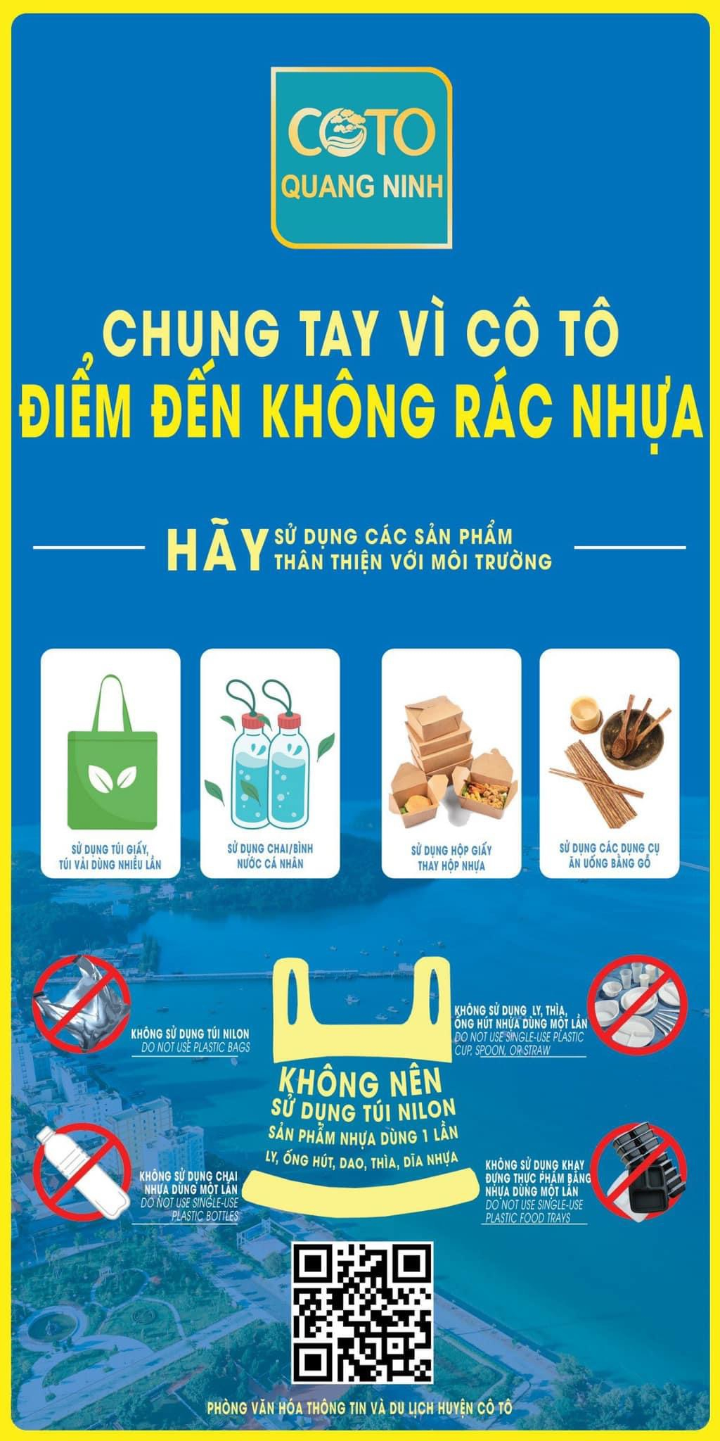 Banner tuyên truyền Đề án “Huyện đảo Cô Tô không có rác thải nhựa” được thiết kế sinh động, trực quan. 